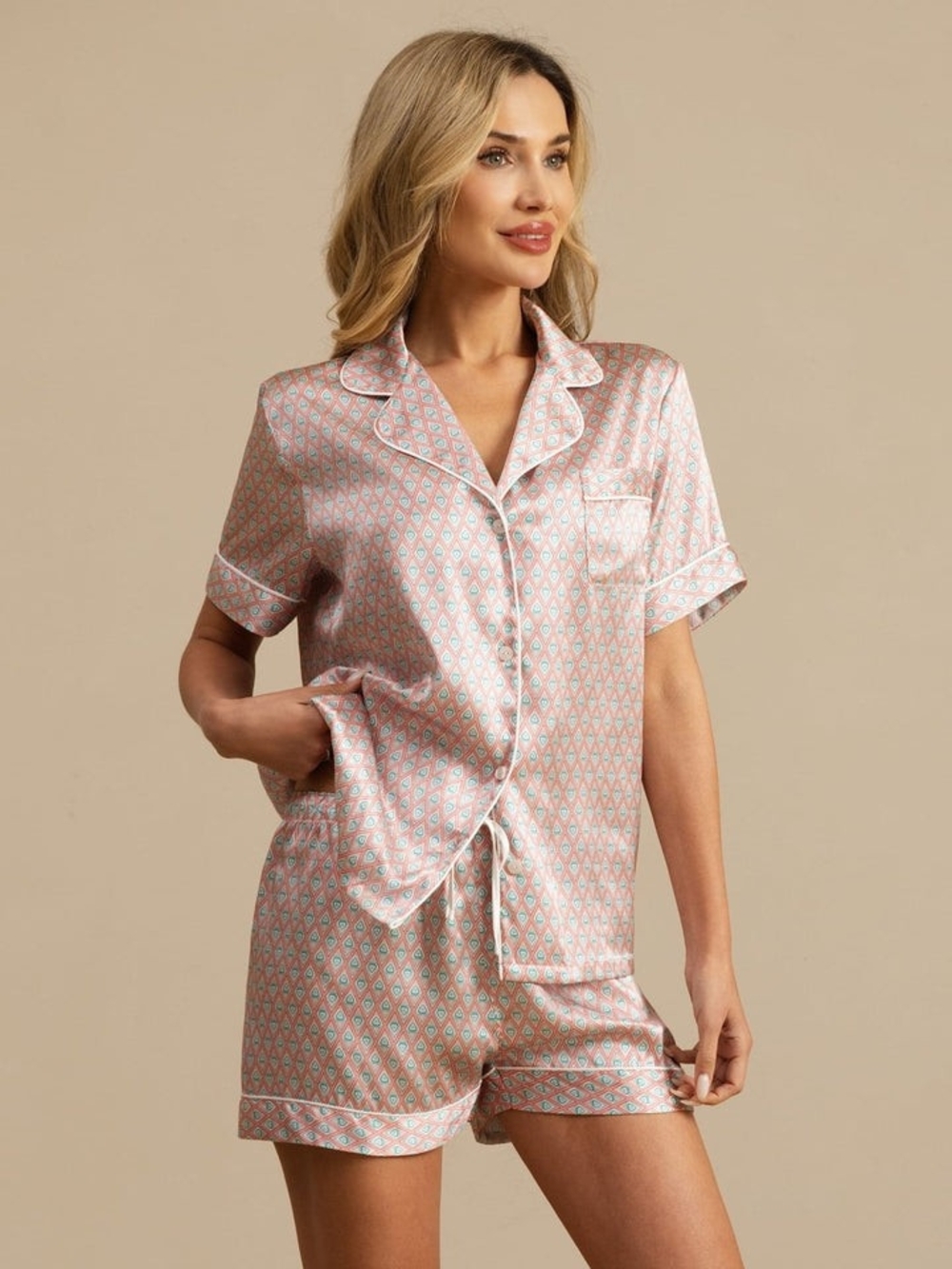 100% Silk Short Pajama Set in Soft Pink/orange - Women's Sleepwear